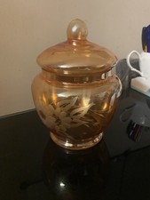 Vintage Gold Lustre Carnival Glass Lidded Storage Jar Bon Bon Jar Etched Design