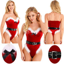 Women Velvet Santa Costume Christmas Bodysuit Shoulder Straps Leotard with Belts
