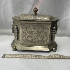 Antique Jewelry Box Moroccan Engraved Silver Plated Brass Two Handles