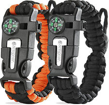 Paracord Survival Bracelet (2 Pack): Flint Fire Starter Rod, Whistle, Compass