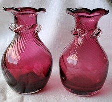 PAIR VINTAGE CRANBERRY GLASS VASES - HANDMADE - 12 CMS TALL - PRETTY PAIR