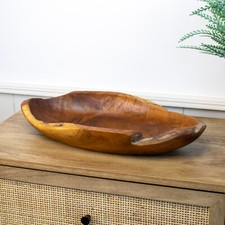 Teak Root Long Bowl 45cm Antique Rustic Kitchen Hand Carved Wood Fruit Food Deco