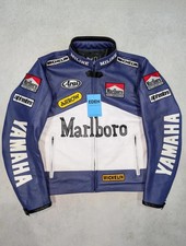 Men's Yamaha x Marlboro Blue & White Motorcycle Racing Real Leather Jacket
