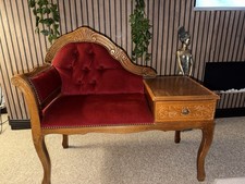 Vintage Beech Telephone Seat / Hallway Gossip Bench Red Velvet Upholstery Chair