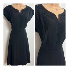 Vintage 1940s Black Grosgrain Floral Cut Out Design Evening Party Dress Size 10