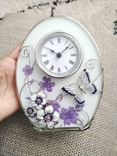 Sophia, White Purple Silver Tone Oval Glass Wire Table Clock, Butterfly Flower