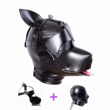 PU Leather Dog Mask with Ears slave Cosplay Party Game for Adult Full Restraints
