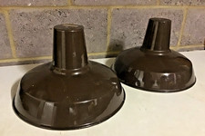 Pair of Vintage Brown Industrial Factory Enamel Light Lamp Shade Pendant