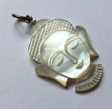 Vtg Sterling Silver 925 Mother Of Pearl MOP Carved Buddha Head Pendant Charm B