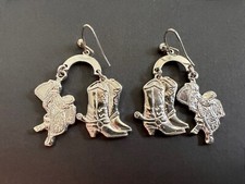 Vintage 1990s Cowboy Cowgirl Boots Horse Saddle Earrings Western Silver Tone BN