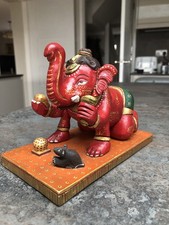 Hand Painted Wooden Ganesha With Mouse Figurine