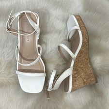 Women’s White Strappy Cork Wedge Sandals – Size 6