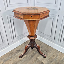 Antique Victorian Octagonal Trumpet Sewing Side Table Box Inlaid Top - Walnut
