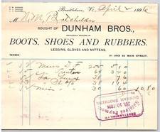 Brattleboro, VT Dunham Bros. Boots Shoes Rubbers Leggins Gloves 1896 Billhead