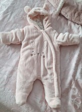 Mothercare My First Fluffy Bunny Pramsuit, Baby Pink Snowsuit, Up To 1 Month
