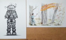Robby the Robot Tiger Blasting Scene Forbidden planet Pencil Drawing prints 