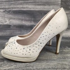 M&S Cream Satin Diamanté Peep Toe Stiletto Shoes UK 4.5 Bridal Wedding EU 37.5