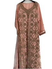 Indian Saree Dress Outfit UK 8 Beaded Pink Gold Trim With Trousers Bag Wedding