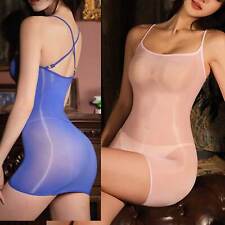 Women Oil Shiny See-Through Lingerie Dress Crisscross Back Bodycon Dress Chemise