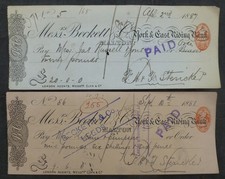 1887, x2, Cheques, Malton, North Yorkshire (York & East Riding Bank, Beckett &c)