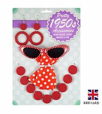 50s Ladies ROCK N ROLL NECKLACE EARRING BANDANA GLASSES SET Fancy Dress RED UK