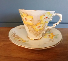 Vintage Art Deco Royal Stafford Fine Bone China Duo Tea Cup Saucer Yellow Flower