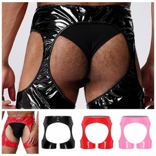 UK Men PVC Leather Boxer Shorts Open Crotch Cutout Hot Pants Club Party Lingerie