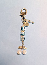 Key Ring Diamanté Leaf/Pearl/blue Bead  Heart clip Charm, Zip Pull Bag Charm 