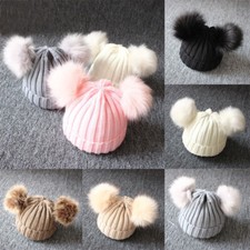 Baby Double Pom Pom Hat 2 Bobble Beanie Knitted Winter Warm Boy Girl Hat Cap