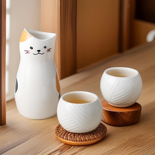 Ceramic sake bottle cups set - ceramic,