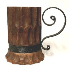 Wooden Carved Tankard with Decorative Metal Handle Gothic Style Vintage 6" high