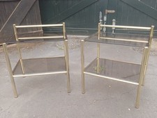 Vintage Pair Of Brass Side Tables With Smoked Glass Shelves Mid 20th Century