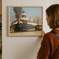 Original Signed Framed Oil Painting Steam Locomotive Snow H.Hargrove Champaign