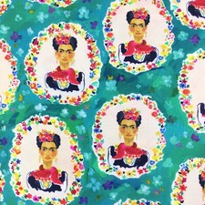 Frida Kahlo cotton fabric teal