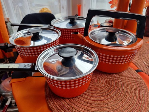 Vintage retro orange saucepans - vintage,