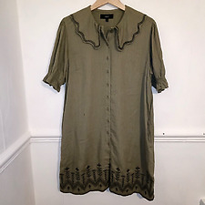 Next Womens Dress Green Size UK 14 Linen Mix Embroidered Peter Pan Collar
