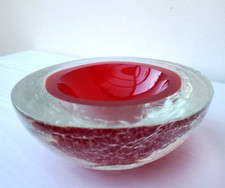 Vintage Barbini Crackled Heavy Red Glass Bowl Italian Mid Century Rare Murano