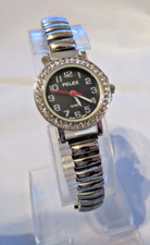 Ladies Easy Read Bling Watch Silver Tone Expander & Black Dial PLX-029