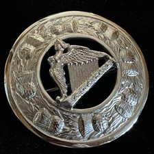 Scottish Kilt Fly Plaid Brooch Angel and Harp Chrome Finish