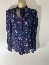 Womens M&S Marks&spencer Uk 10 Navy Blue Floral Long Sleeve Pussy Bow Blouse