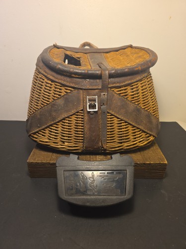 Antique fishing creel - basket, &