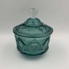 Vintage Pressed Glass Candy Dish, Clear Flashed Coloured Teal With Lid