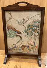 Antique Vintage Wooden Hand Embroidered Floral Fire Screen with handle