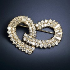 Estate 18K Yellow Gold Over Swirl Heart Baguette Round Diamond Brooch Pin 7.80ct