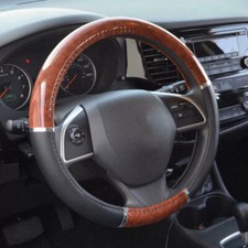 15'' Vehicle Car Steering Wheel Cover Wood Grain Breathable Anti Slip Leather