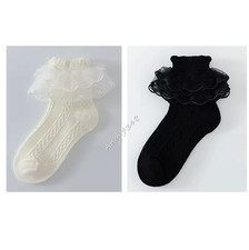 Girls Ruffle Ankle Socks Double Lace Frilly Socks Flower Girl Party Dance 6-16Y
