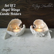 Angel Wings Tea Light Candle Holder Feathered Effect Memorial Ornament White X 2