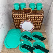 Vintage Wicker Picnic Hamper Basket 4 Person Set Gingham Lining Repaired Bucklle