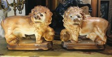Antique Pair Staffordshire Large Fireside Lions (Glass Eyes, Medici Ball & Claw)