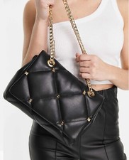 ASOS DESIGN Diamond Black Quilt Adjustable Crossbody Bag Stud Detail Gold Chain